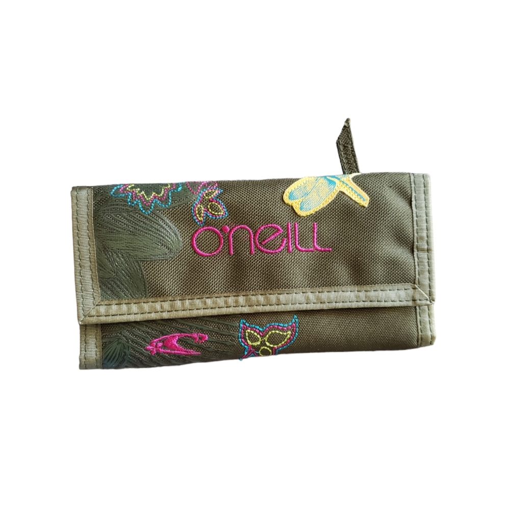 O'Neill wallet floral print checkbook holder snap closure.